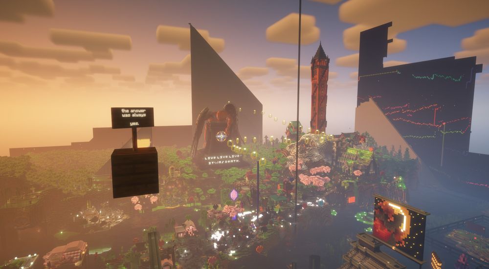 a sign that reads, "the answer was always 'yes.'" in front of the server's spawn.