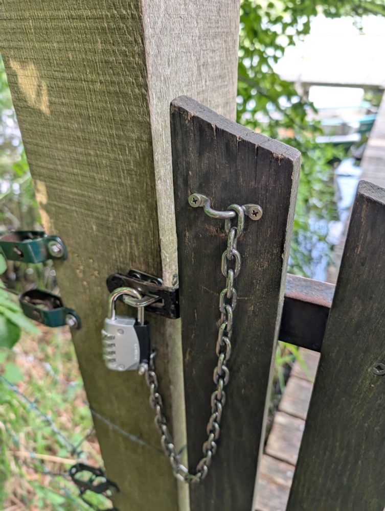 Ein großes Vorhängeschloss an einer Kette, die ihrerseits mit einer mit Kreuzschlitzschrauben verschraubten Öse hängt, an einer hölzernen Pforte.
