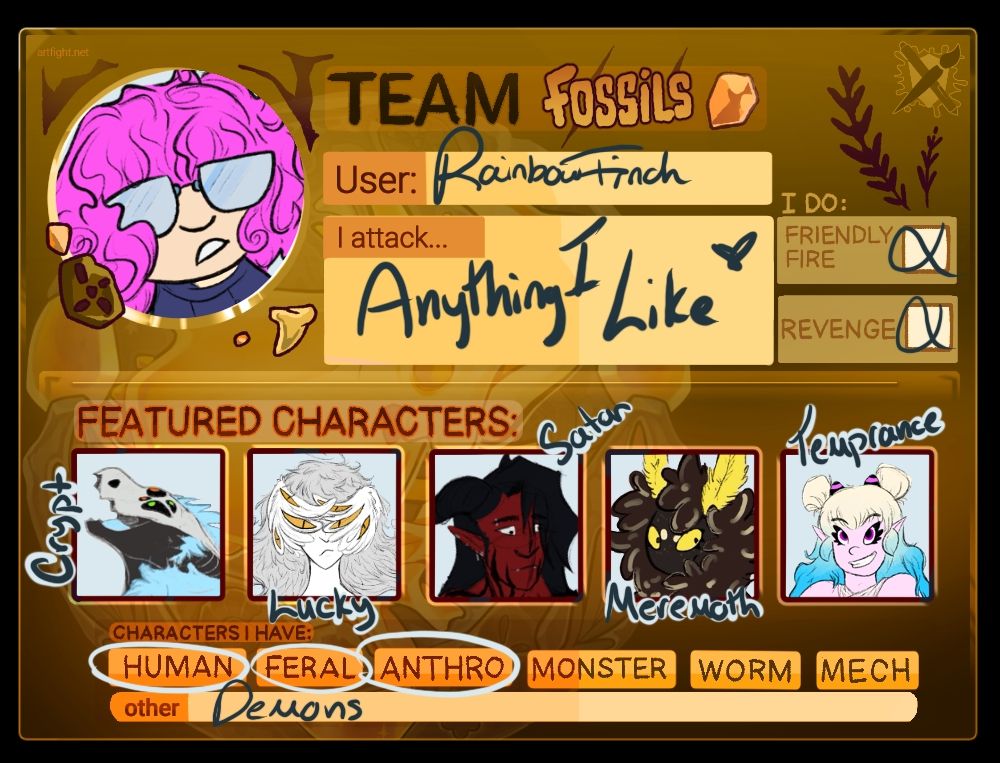 The artfight card for Team Fossil. It is a yellow brown colour. Five personal character headshots sit at the bottom.