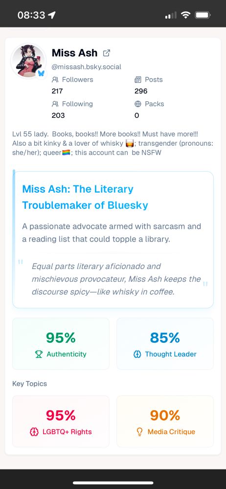 Summary page from the site - blueskyroast.com - showing the results of evaluating the account of Miss Ash. MissAsh is described as “The Literary Troublemaker of BlueSky,” who is a “passionate advocate armed with sarcasm and a reading list that could topple a library.”

A humorous use of AI to create a profile of a BlueSky account based on its content.