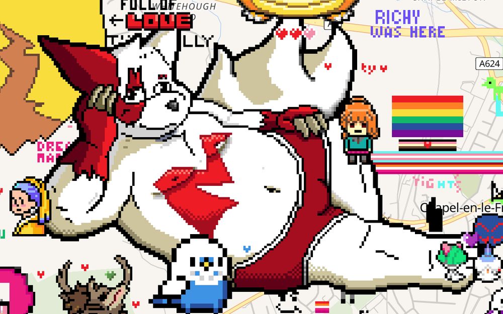 screenshot of the collaborative drawing website 'wplace'. It shows fan-art of the pokemon Zangoose lying on its side with its head resting on one paw and the other paw resting on his hip. There are assorted other artworks done by other users scattered around/overlapping.