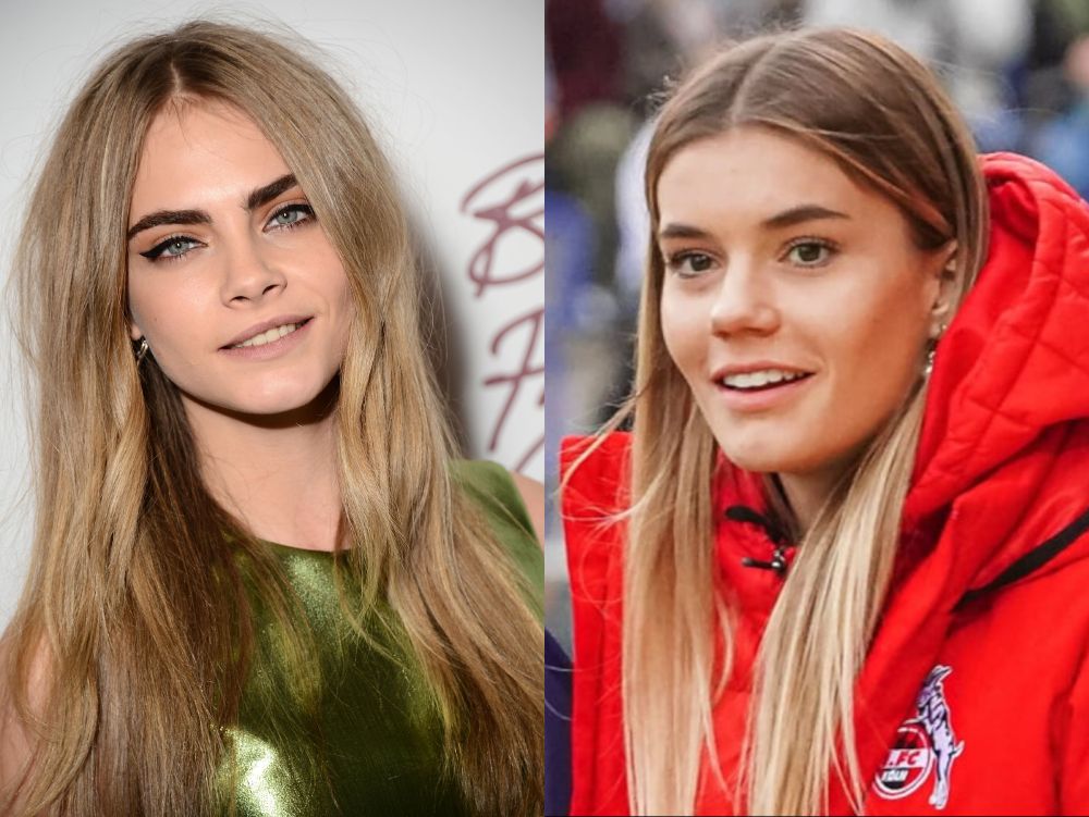 Portrait von Cara Delevigne links und Portrait von Selina Cerci rechts gegenübergestellt.
Beide Frauen tragen ihr blondes langes Haar offen mit Mittelscheitel. Cara schaut direkt in die Kamera, Selina leicht links vorbei. Bei beiden sind die Lippen durch Lächeln leicht geöffnet und man kann die vorderen oberen Zähne sehen.
Cara trägt ein grünes glänzendes Kleid, Selina eine rote Daunenjacke.