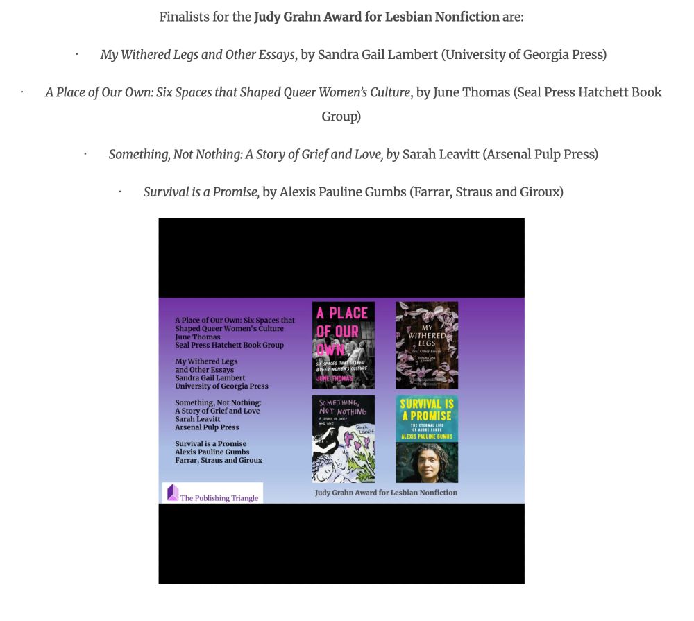The list of nominees for the Publishing Triangle's Judy Grahn Award for Lesbian Nonfiction.