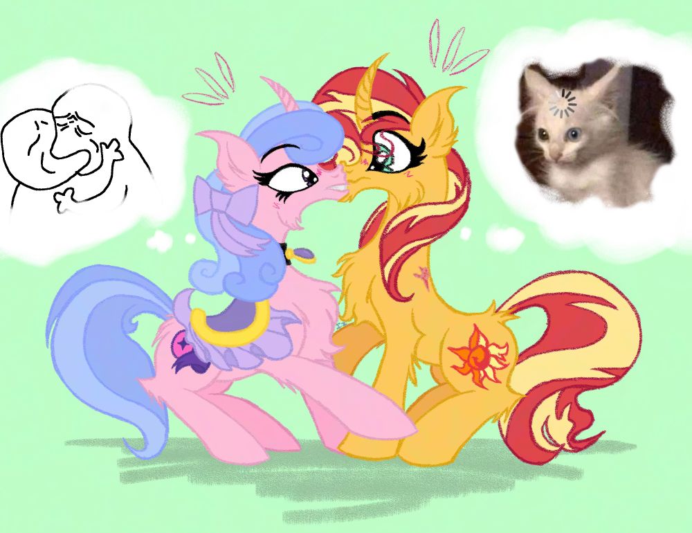 A colored art piece of two unicorns, Sunset Shimmer and Royal Ribbon, bumping into one another, nose against nose, essentially making an accidental kiss between the two. Two thought bubbles appear… The one for Ribbon shows a drawn meme of two people making out, while the one for Sunset shows a meme of a confused cat with a loading icon on its head.