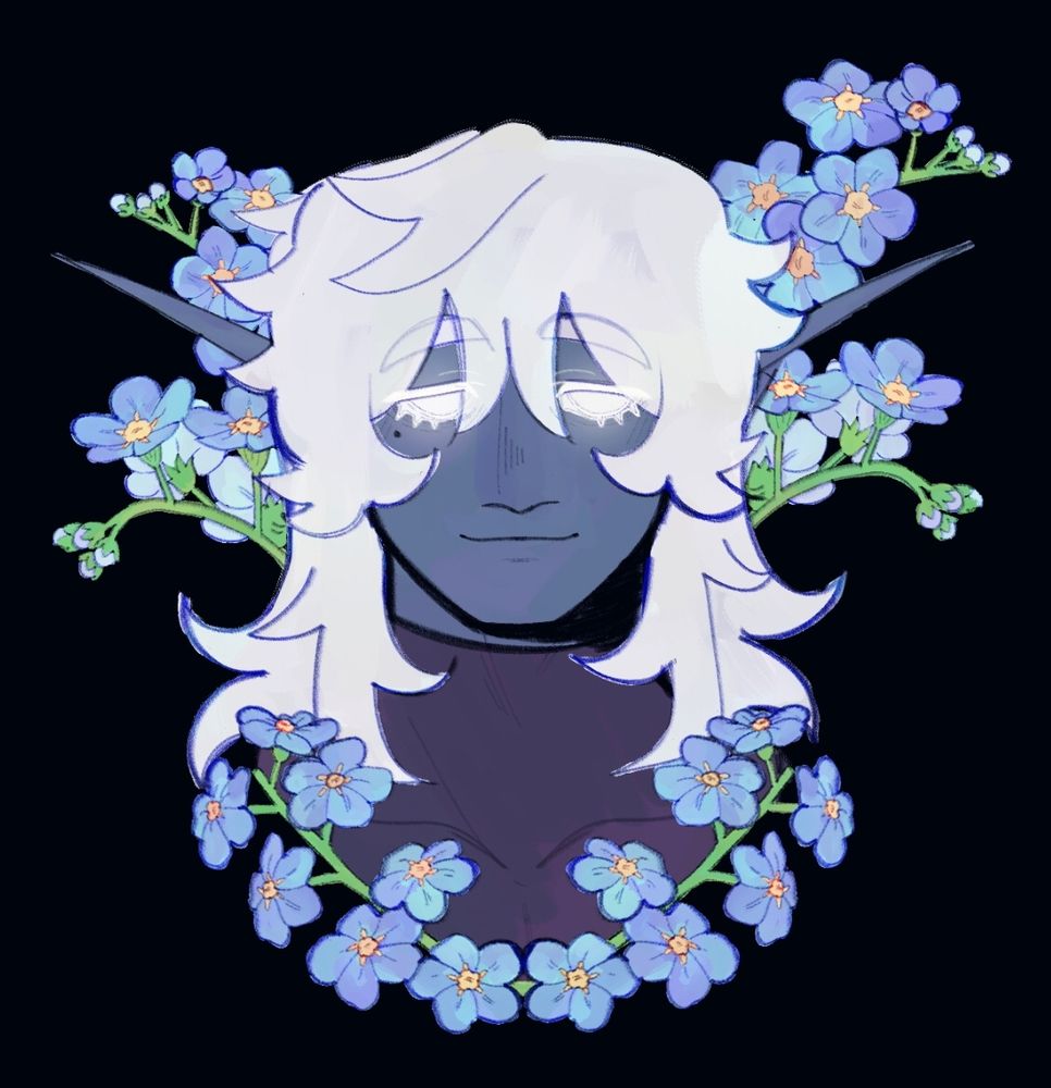 Digital portrait of my dnd oc Vynn. He is a drow with blue skin and long white hair. He is surrounded by a border of forget me nots.