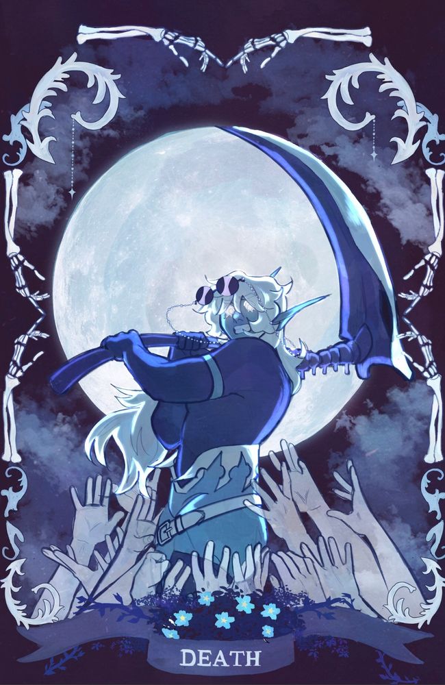 Digital art of my dnd oc Vynn as the Death tarot card. He raises a scythe with a moon behind him and a border of skeleton arms.
