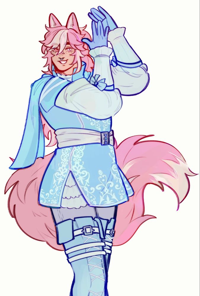 Digital drawing of a man with pink hair, dog ears, and a large fluffy tail. He's dressed in a blue prince outfit with thigh high boots.