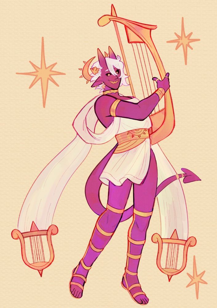 Digital drawing of my oc Seraph dressed as Apollo from Epic the Musical inspired by Neal-Illustator's design. He is a purple demon with white hair, holding a gold lyre while he looks at the viewer with a smile.