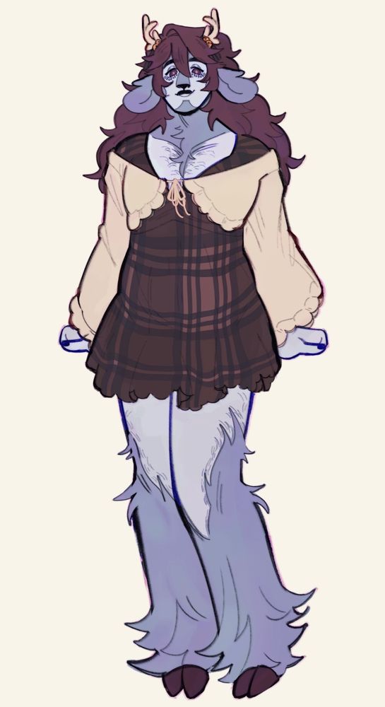 Digital art of my dnd oc Finnegan standing in a brown plaid dress.