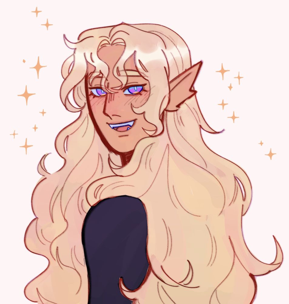 Digital drawing of starmoss's oc Faerin. He has long blond hair and is looking back towards the viewer.
