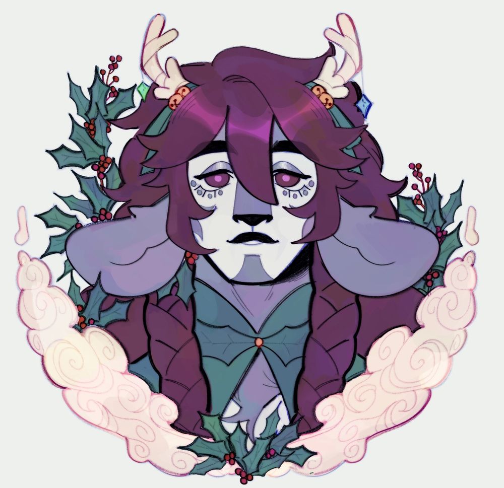 Digital portrait of my dnd oc Finnegan, a blue firbolg with dark long hair. He has a border of holly and clouds around him