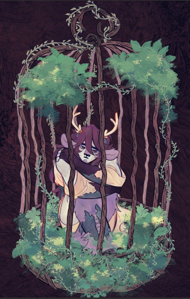 Digital art of my dnd oc Finnegan. He is a deer inspired firbolg sitting in a wooden birdcage with vines and bushes around it. He looks melancholic.