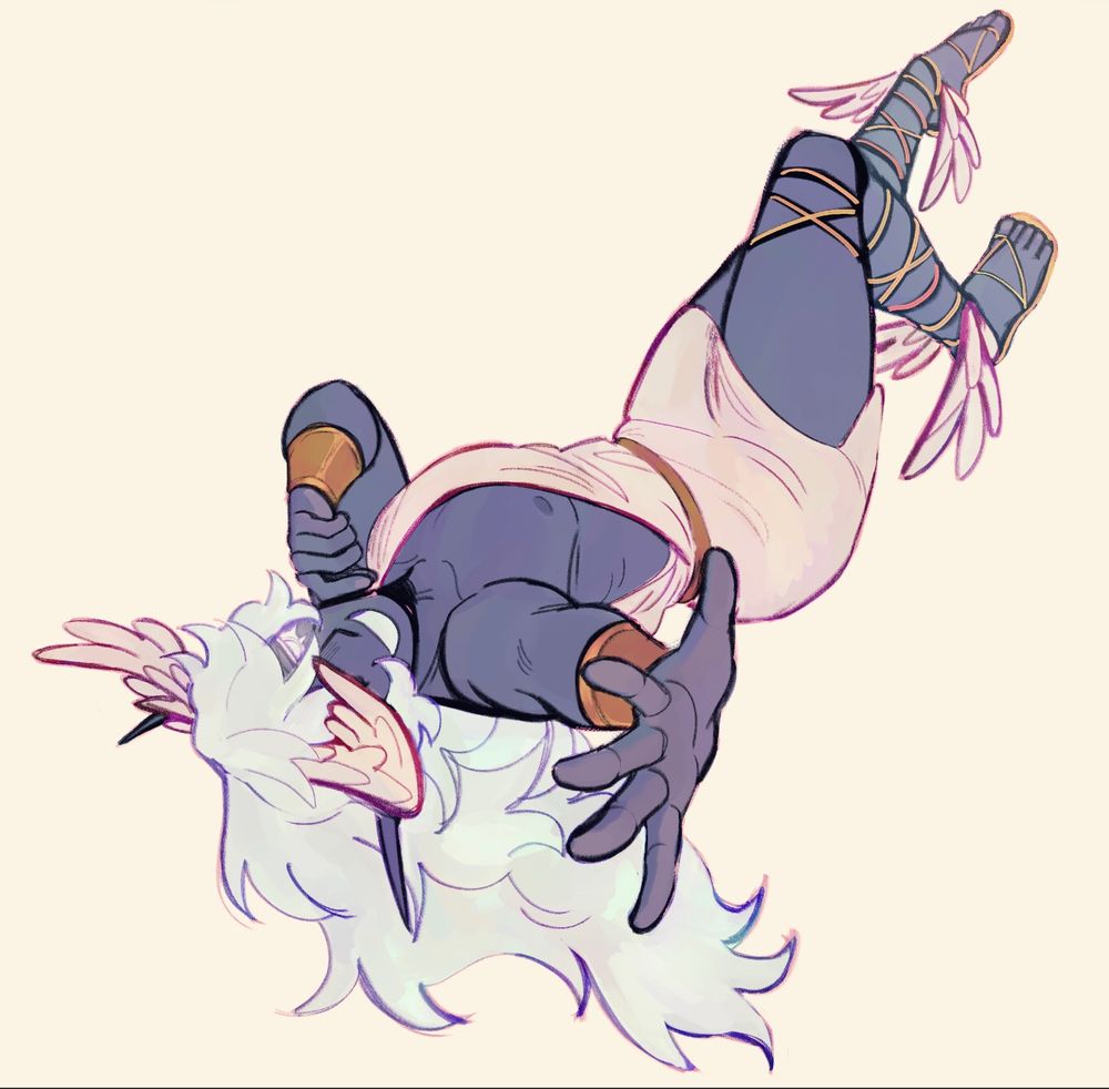 Drawing of my dnd oc, Vynn. He is a drow elf with dark blue skin and long white hair. They're in a floating pose with their hand reaching towards the viewer. He's dressed up inspired by Hermes from Epic the Musical.