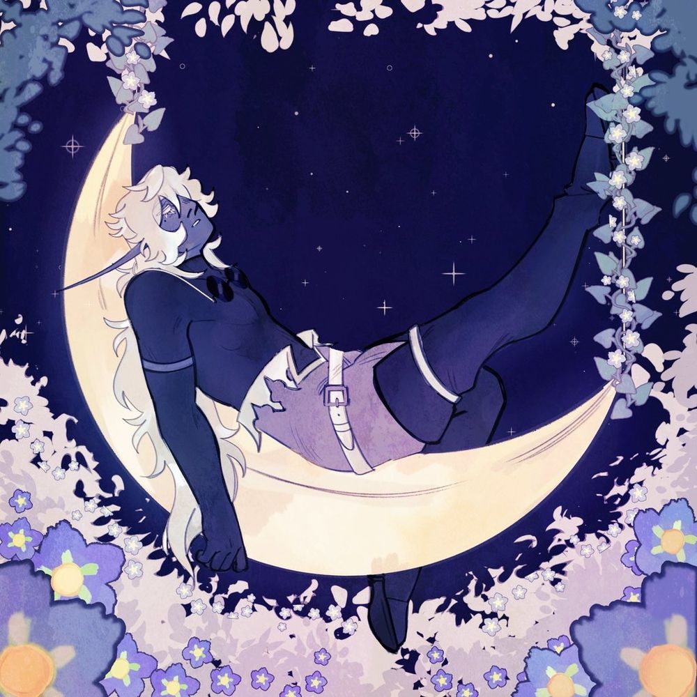 Digital art of my dnd oc Vynn. He is laying with his back on a crescent moon swing surrounded by forget-me-nots with a sad expression. 