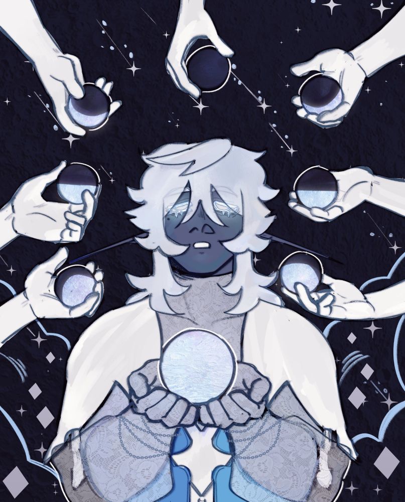 Digital art of my dnd oc Vynn. He is facing the viewer with a sad expression while he holds a small full moon in his hands, with seven hands coming in from off screen hold differing moon phases around him.