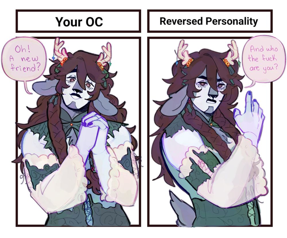 Digital drawing of my dnd oc Finnegan in a meme template where one side says "Your OC" and the other says "Reversed Personality". He is a deer firbolg with long fluffy dark hair and light blue skin. Under "Your OC" he says "Oh! A new friend?" with a smile. Under "Reversed Personality" he says "And who the fuck are you?" with a frown, looking angry.