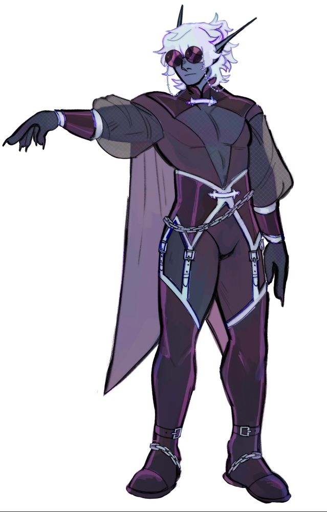 Digital drawing of my dnd oc Vynn standing there with one arm lifted. He's a drow with blue skin in an all black outfit, with a mesh cutout on the chest and mesh sleeves.