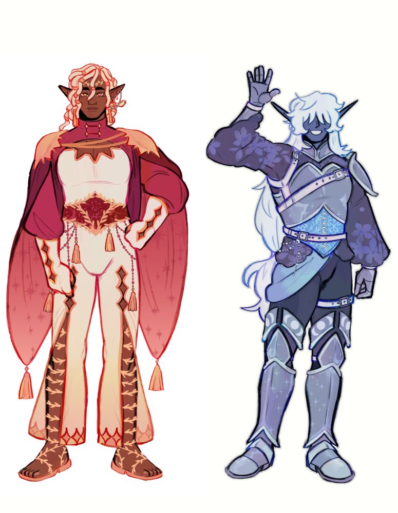 Digital drawing of two of my ocs standing next to each other. On the left is Lucian, who is an elf with dark skin and blond locs pulled into a low bun. He is in a red, white, and gold sun themed royal outfit. To the right is Vynn, a drow with dark blue skin and long white hair. He is dressed in modest armor with a black, blue, and silver moon motif.