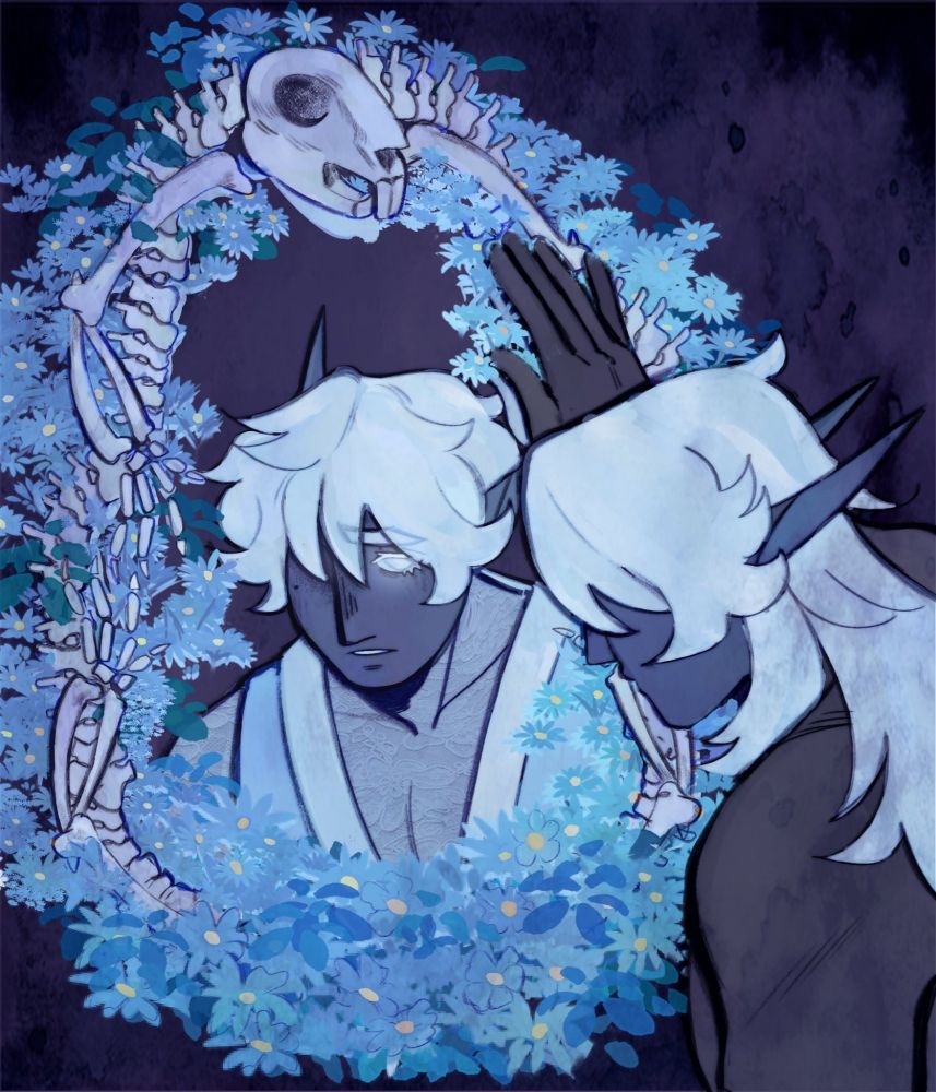 A digital drawing of my dnd oc Vynn. He's a drow elf with dark blue skin and white hair. His present self is looking into a mirror with his past self looking back at him. The mirror is surrounded by forget-me-nots and a bone border with a rabbit skull. The general vibe is melancholic.