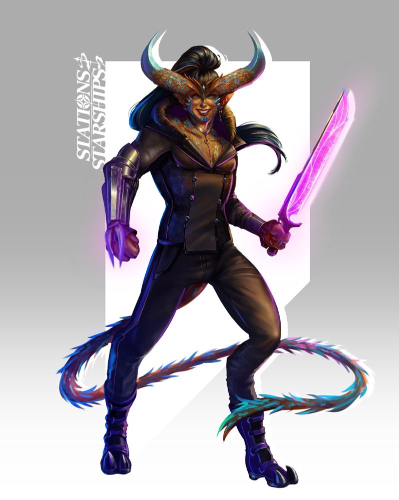 A Daemorian from Stations & Starships, a sci-fi TTRPG campaign. They're a humanoid species with mineral-adorned horns and a tail. Daemorians were pirates that had one too many run-ins with Federation starships, but have since became part of the Federation that they once raided - the majority of'em, anyways.