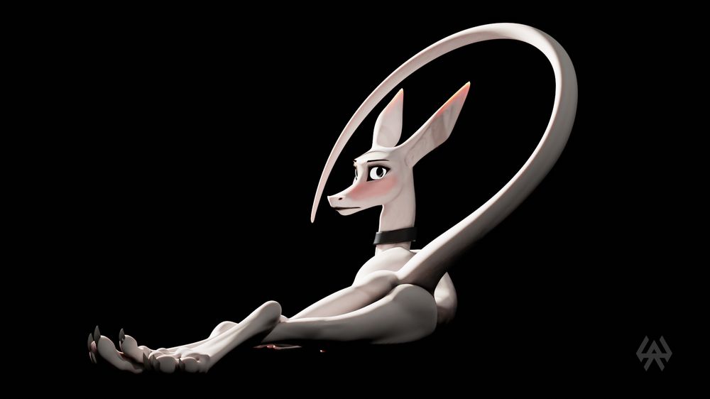 Saz lying on his belly, viewed from behind. He looks back toward the camera blushing, suggesting slight embarrassment about having his bare bottom front and center