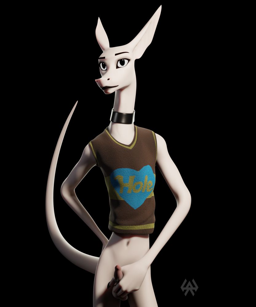 Saz wearing a sweater that says "HOLE", and nothing else. Holding his erect weenie in his left hand