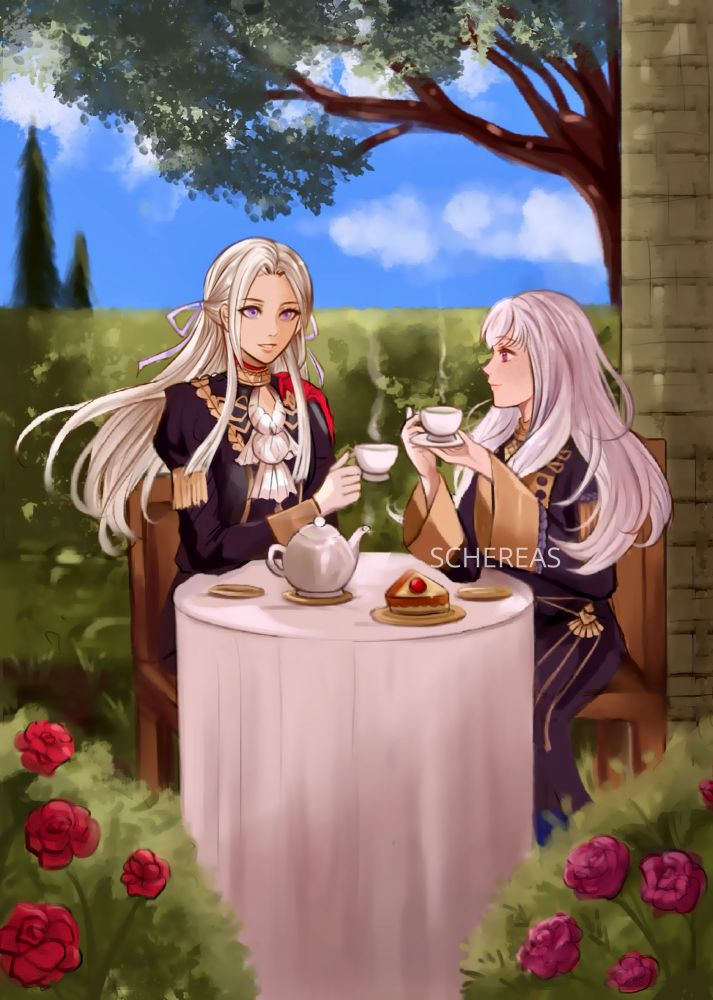 My illustration for The Emperor and her Wisdom, an edelys zine, featuring pre-timeskip Edelgard and Lysithea from Fire Emblem Three Houses.