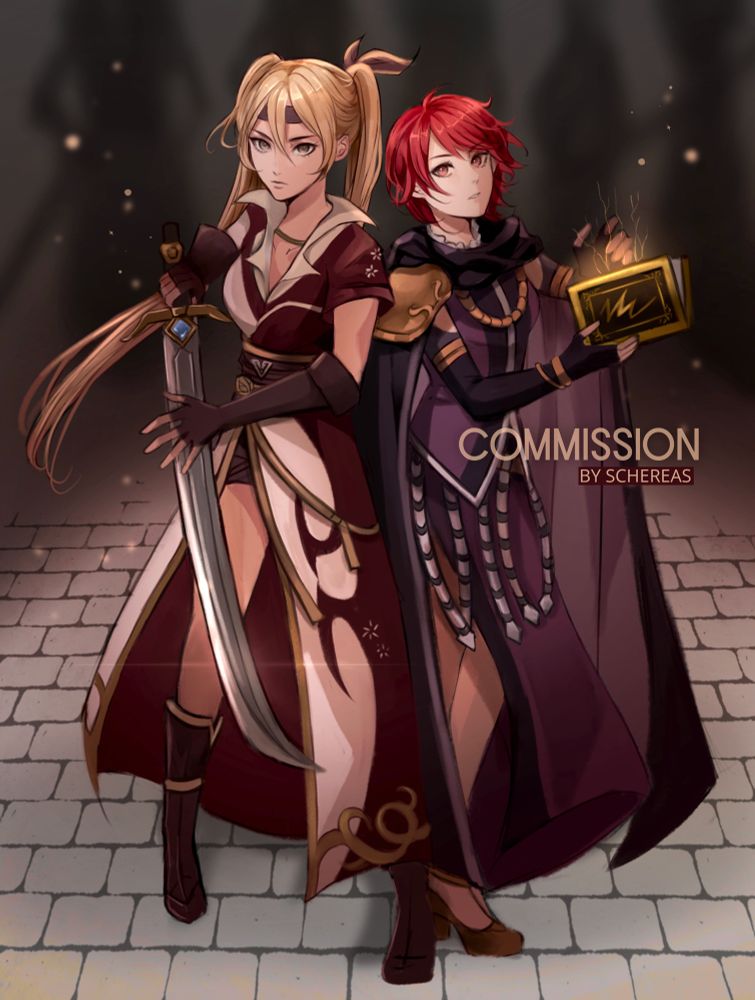 Fullbody artwork commission of Severa and Morgan from Fire Emblem Awakening.