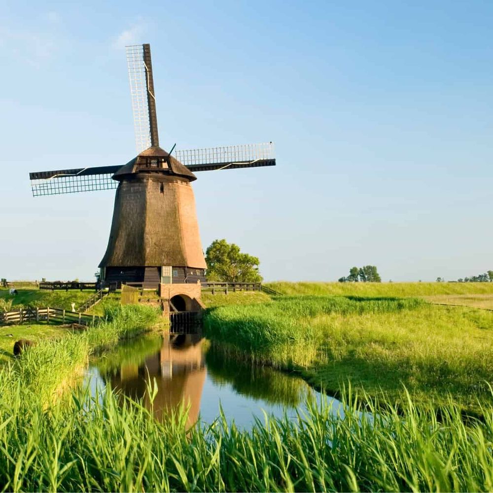 Traditional Dutch windmill beside a water channel in green countryside. The stone windmill with wooden blades sits on grassy embankments lined with lush vegetation and wildflowers.