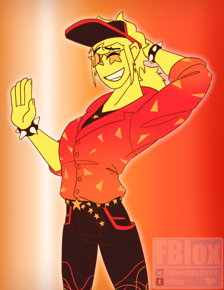 A digital drawing of Elliot from the Roblox game Forsaken.
He is wearing his Milestone Skin, He is scratching the back of his head with his left hand, and holding up his right hand infront of him.