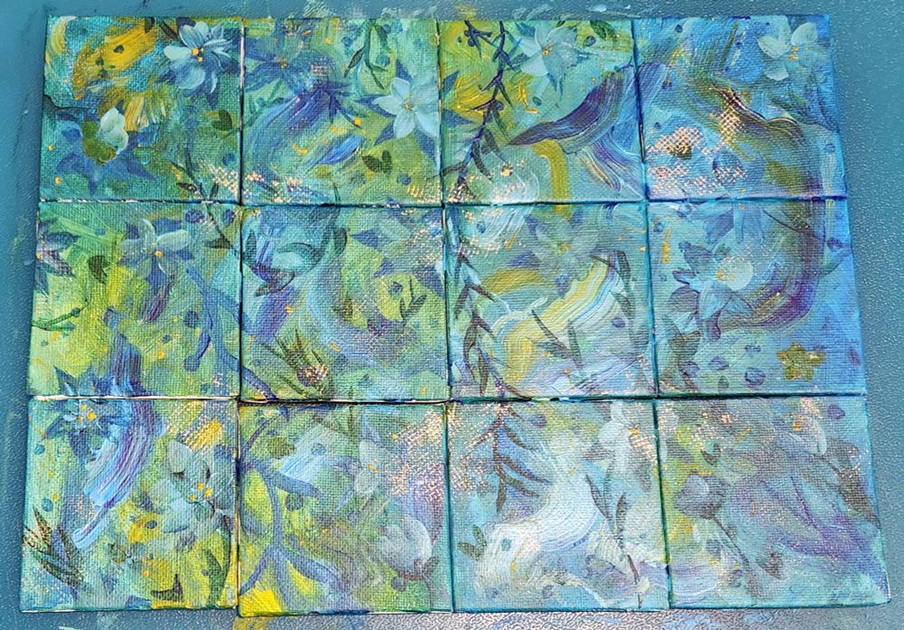 Abstract blue yellow green painting split into 12 mini canvases 