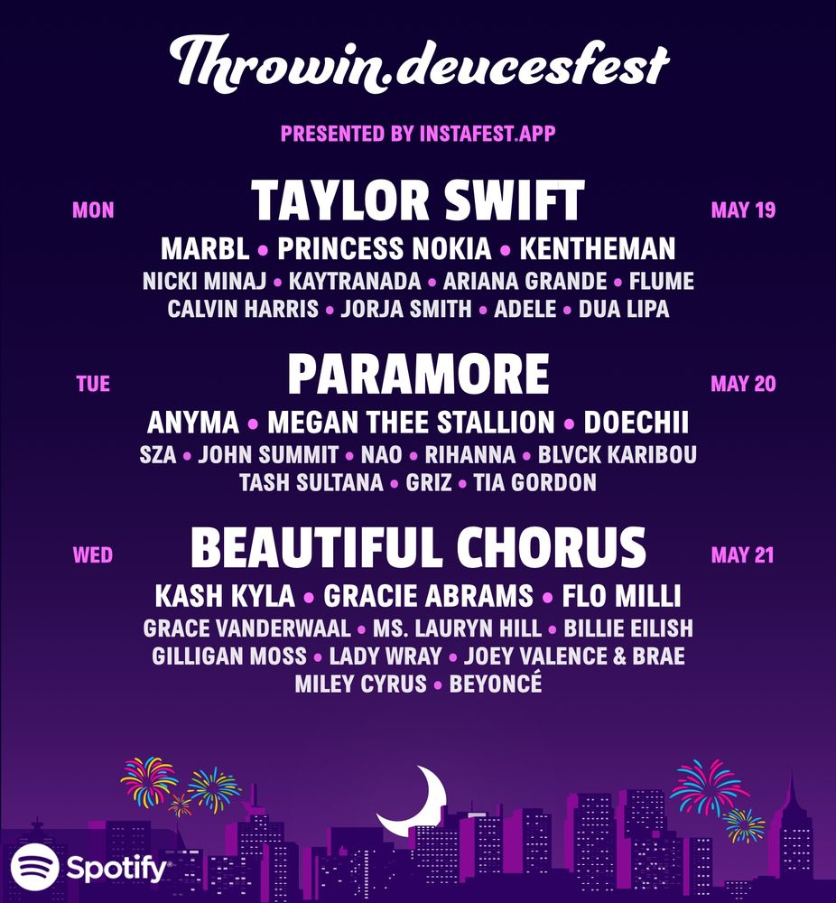 INSTAFEST.APP generated festival lineup based off of my last 6 months of Spotify listening history. 

Throwin.deucefest music festival lineup poster with artist names listed by day, including the following below over a purple cityscape background.

MON:
TAYLOR SWIFT
MARBL • PRINCESS NOKIA • KENTHEMAN NICKI MINAJ • KAYTRANADA • ARIANA GRANDE • FLUME
CALVIN HARRIS • JORJA SMITH • ADELE • DUA LIPA

TUES:
PARAMORE
ANYMA • MEGAN THEE STALLION • DOECHII SZA • JOHN SUMMIT • NAO • RIHANNA • BLVCK KARIBOU
TASH SULTANA • GRIZ • TIA GORDON

WED:
BEAUTIFUL CHORUS
KASH KYLA • GRACIE ABRAMS • FLO MILLI GRACE VANDERWAAL • MS. LAURYN HILL • BILLIE EILISH
GILLIGAN MOSS • LADY WRAY • JOEY VALENCE & BRAE
MILEY CYRUS • BEYONCÉ