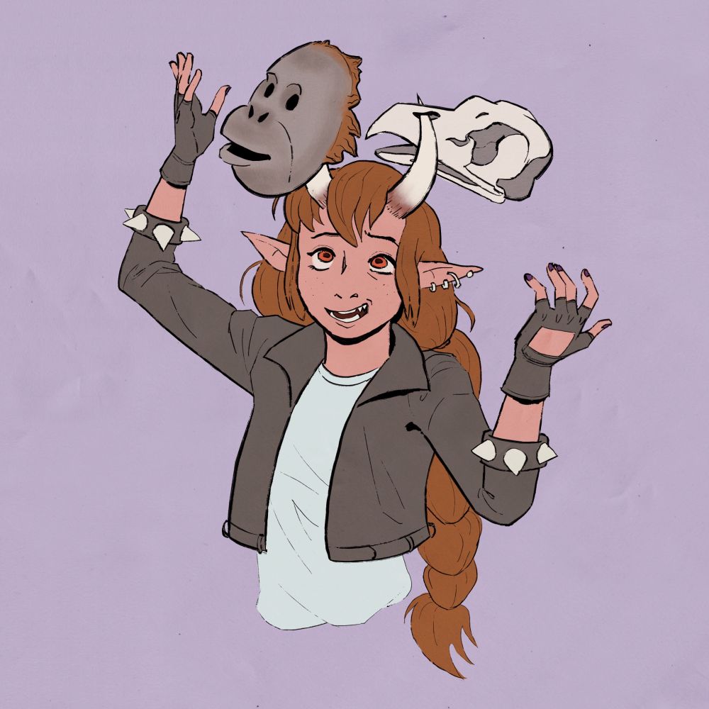 A drawing of Fig Faeth from Fantasy High, balancing an orangutang mask and a vulture’s skull on head with a hesitant smile. Her hair is in large braids, and she wears a leather jacket, gloves and spiked bracelets. The background is pale pink.