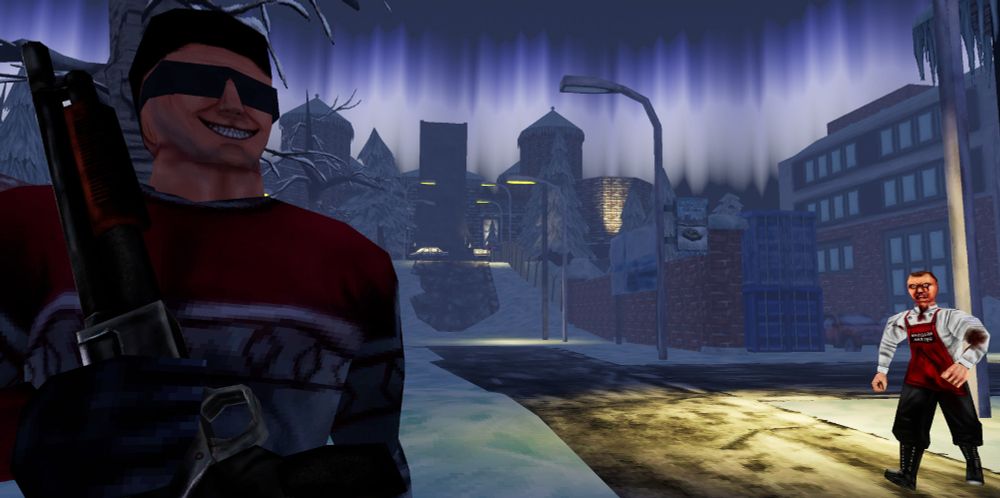 A happy Jarmo, the protagonist of White Hell, standing on a city street with a shotgun in hand. In the background, a menacing Wurstmeister approaches.