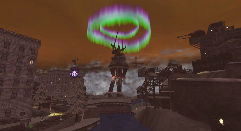 Screenshot from the game White Hell: a dystopian frost-bound city with a strange tower, aurora borealis, and a wall of cold.