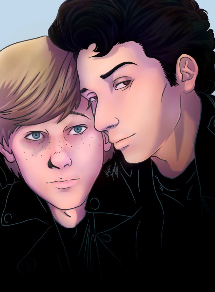 John and David from Dear John. They are posing together for a phone, both I'm black leather jackets and tshirts.