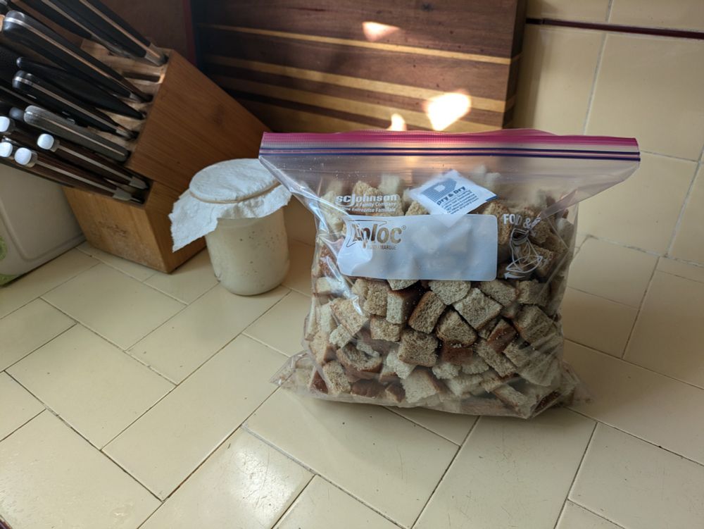 a picture of my kitchen counter, showing a bag of bread cubes, a levain for Sourdough, and a knife block