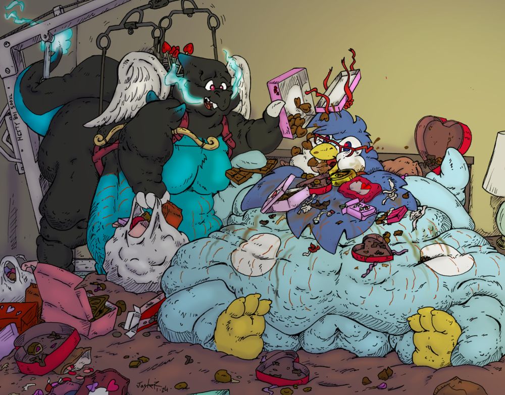 Tokomi, dressed up as cupid, dumping copious amounts of chocolate into benguin's beak. Tokomi is supported by a crane and benguin is bedbound. There is a mess of chocolates and trash everywhere.