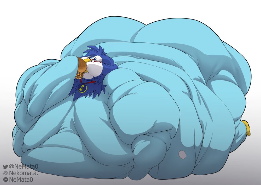 Fat piplup laying on the ground eating a burger
