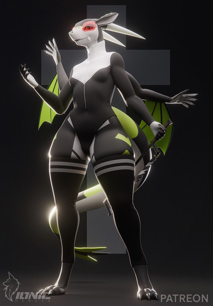 Clara, a black and green dragoness, is standing confidently with a weaponized bonesaw behind her back while striking a pose.