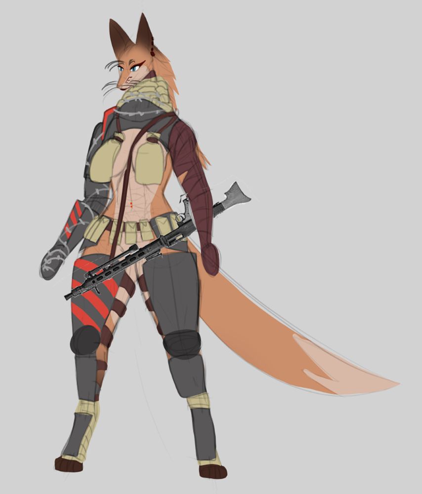 BIG, scantily clad and armoured fox woman with a german MG-42 hanging off of her shoulder.
