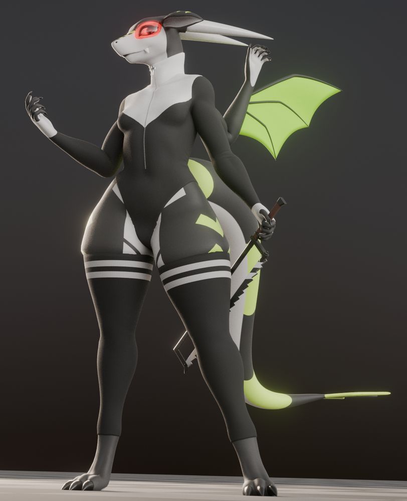 Clara, a four-armed dragon, is standing with a weaponized bonesaw held behind her hip while striking a pose.