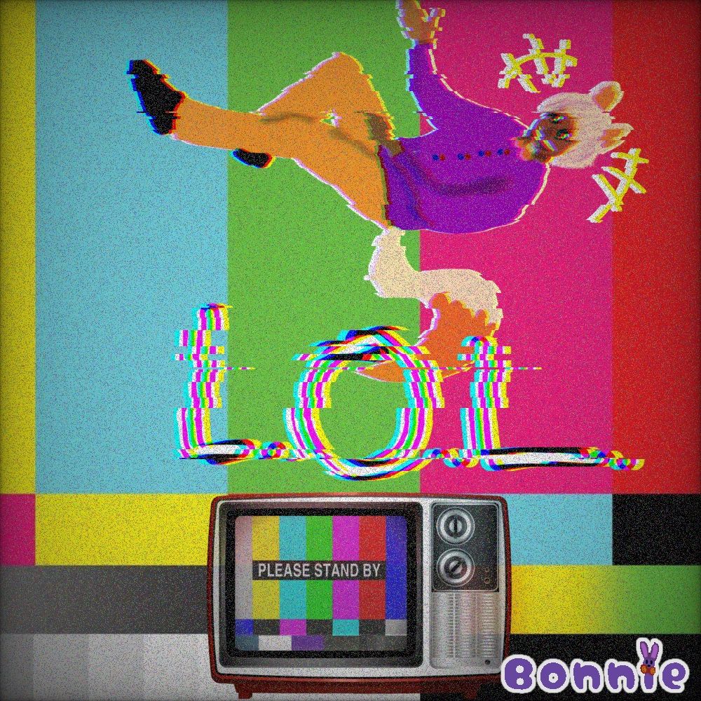 A drawing of Lolbit floating above an old looking television. They are glitching and appear to be laughing. The old television has the words “Please Stand By” on its screen and the acronym LOL is above the tv and below Lolbit. The acronym is glitched as well. The background is of a television error screen. 