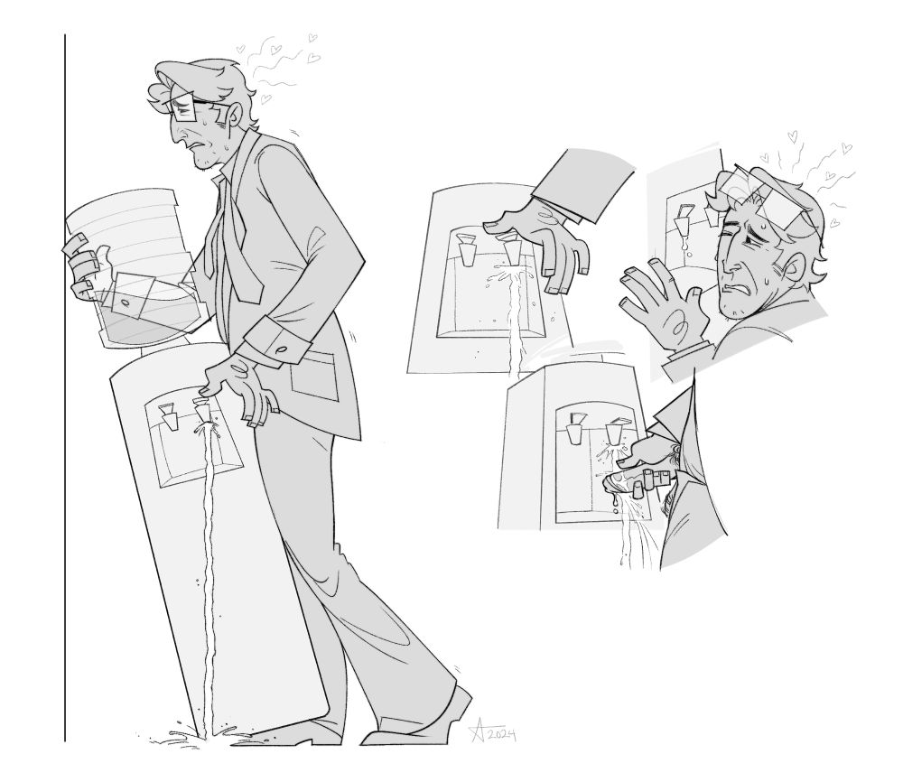 Digital art of a businessman in his late 30's and a water cooler. In a fullbody drawing, he cradles the jug with one hand and grinds against the cabinet, leaning the cooler forward as he presses a finger to a dispenser and lets it spill on itself and the floor. Nearby are closeup shots of the dispensers. In one, his finger presses the lever to let it leak out onto itself. In another, he presses his face against the cooler, glasses disheveled and face glazed with need as the spout leaks drops of water. In the last, he holds his dick out from his unbuttoned slacks to let water stream over it.