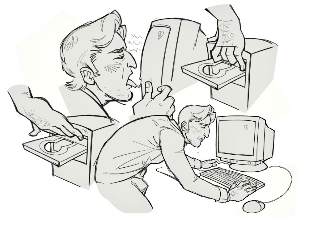 Digital art of a businessman in his late 30’s. In the upper left corner he is seen licking a CRT screen, a strand of spit connecting them both. In the lower right corner he leans over a desk, feverishly staring at an old CRT computer monitor and keyboard. Filling in the remaining space are illustrated vignettes of his hands sensually prodding at an open CD slot on a computer tower. 