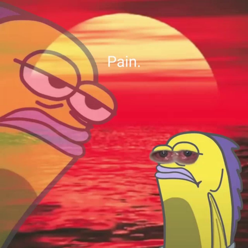 a cartoon of a fish saying pain in front of a red background