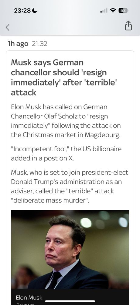 Screenshot of the Sky News app live blog of the German Christmas market attack, reporting what Elon Musk said on Twitter, calling for German chancellor to resign immediately. 