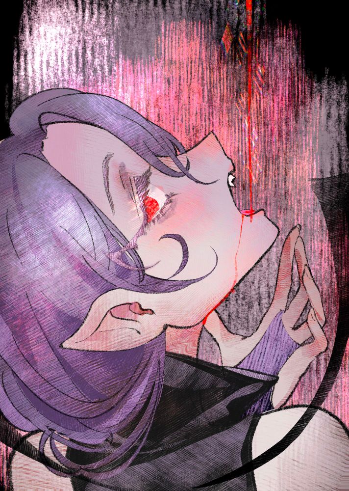 A storybook style art piece of a vampire with purple/white hair with the back to the camera looking back at it, as blood flows from the top of the art piece down to their mouth 