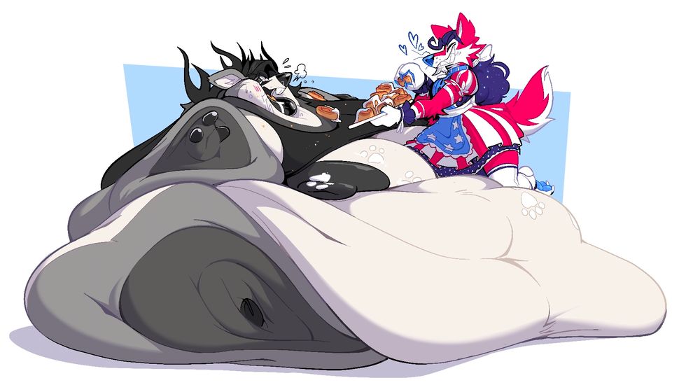 Fatfur art of Ty The Deer getting fed cinnamon rolls while being roughly a couple tons