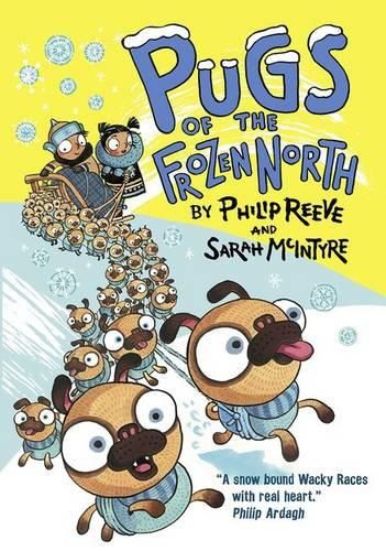 Front cover of the book the costume is inspired by, "pugs of the frozen north" by Philip reeve and Sarah McIntyre. Many many cartoon pugs pulling two people (one male and female) on a sled like huskies do. 